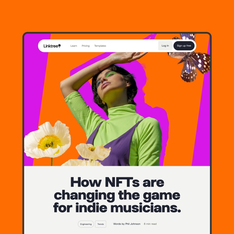 Linktree web experience — bold editorial design with vibrant imagery and crisp typography